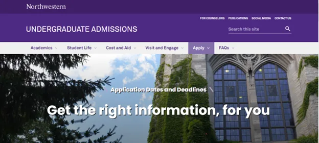 Northwestern admissions page listing application dates and deadlines