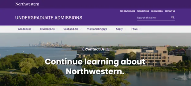 Northwestern University undergraduate admissions website with the transfer contact page open